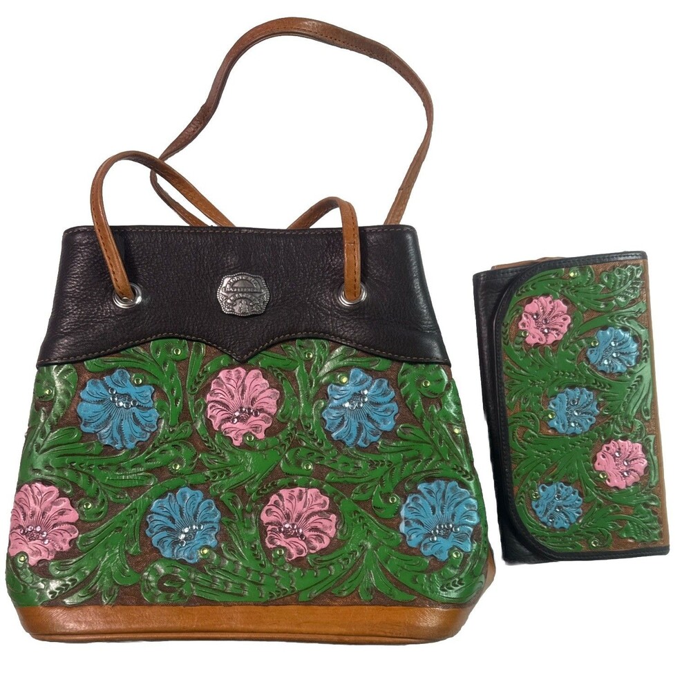 Vtg Montana Silversmiths Leather  Bag Flowers Floral Green Pink Blue, with purse